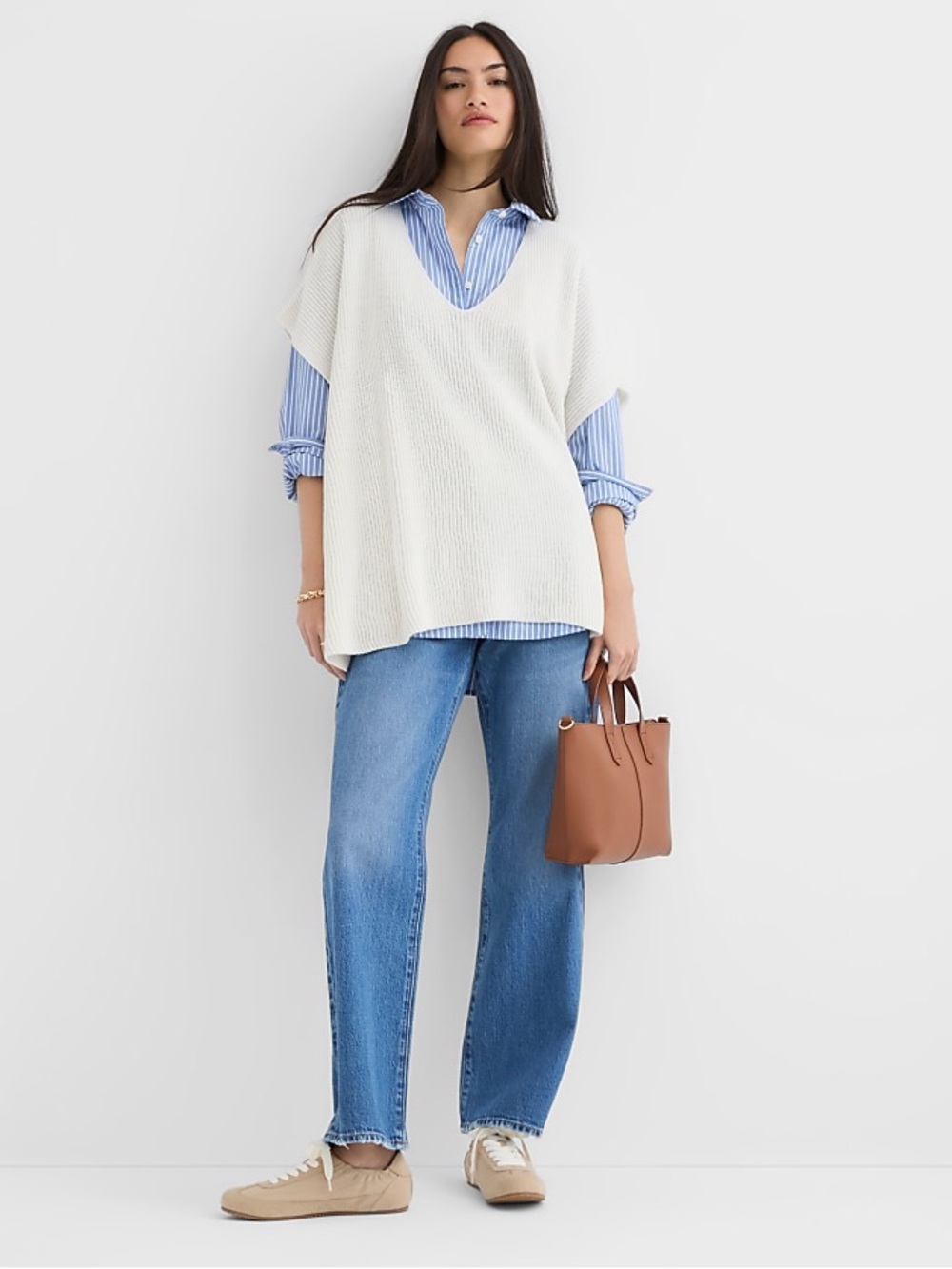 LOFT Ribbed V-Neck Pullover in Light Cream